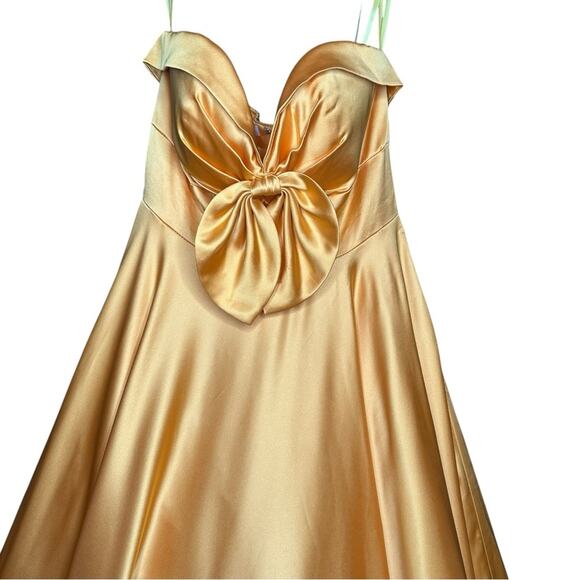 Mac Duggal Bow Sweetheart Strapless A Line Gown in Marigold 2 - Picture 3 of 12